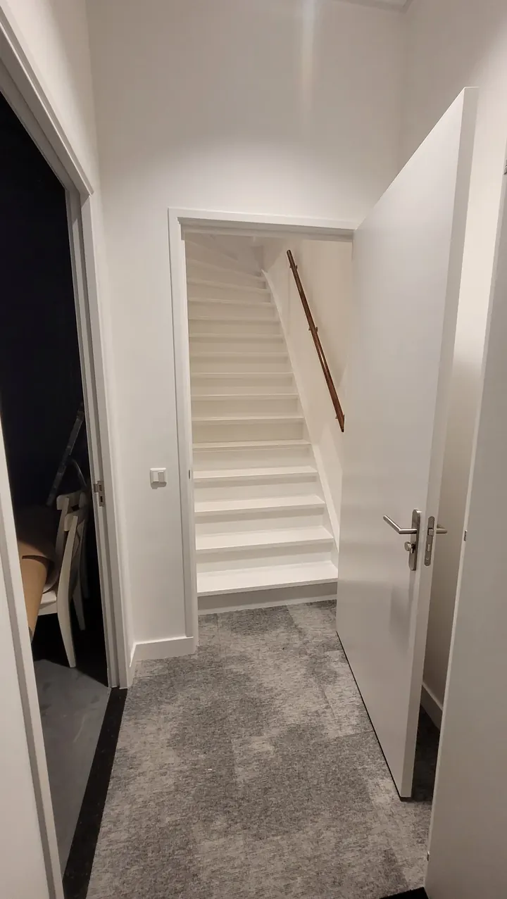 Brede trap met luxe vloerbedekking naar de eerste verdieping